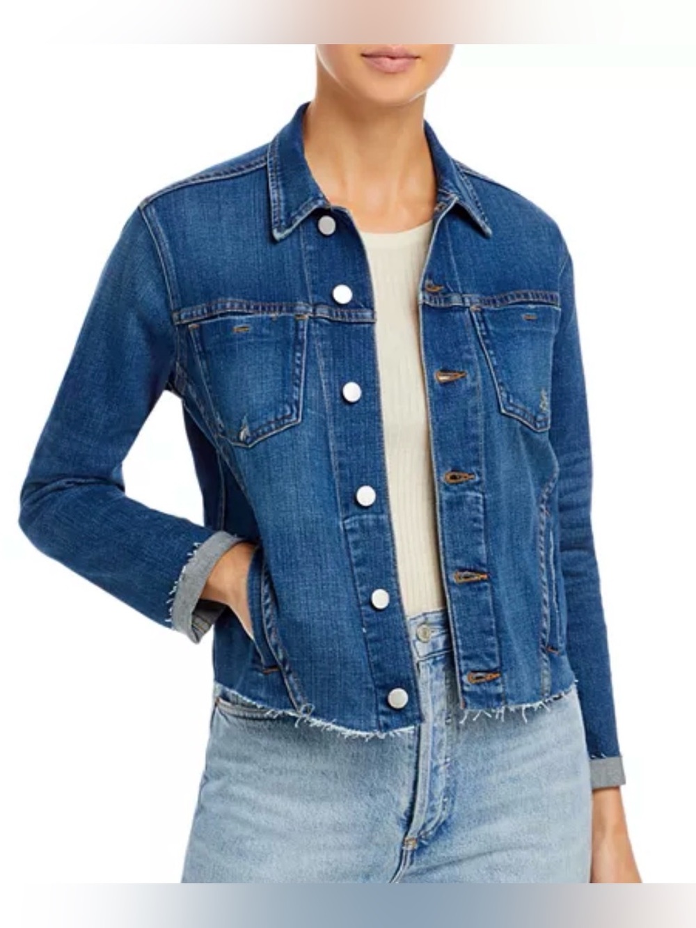 L'AGENCE Medium Blue Denim Jacket with Frayed Hem